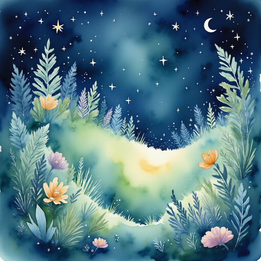 A plush bed of moss glowing under starlight. In the background, crystal-clear water reflecting sparkles