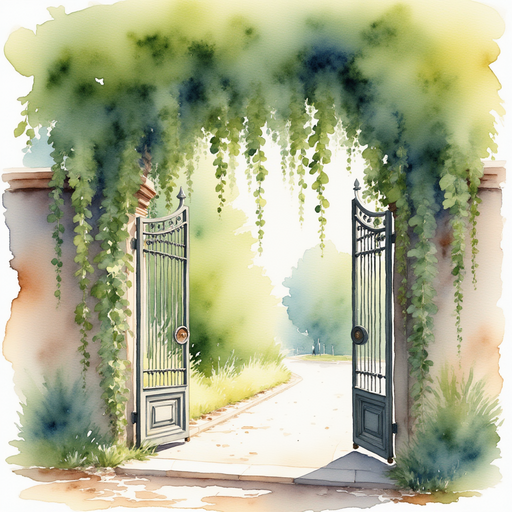 A tall vine-covered archway with delicate floral carvings on the metal gate. In the background, soft golden sunlight spills across a stone walkway