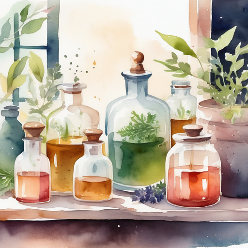 Ancient potions and unique ingredients on a white counter in a apothecary room