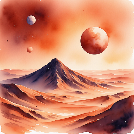 The towering Olympus Mons, the tallest volcano on Mars casting long shadows. In the background, the red expanse of the Martian surface stretches endlessly.
