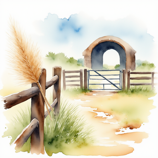 Focus on the horse brush resting on the fence post, with a slight breeze stirring the bristles. In the background, a sturdy corral gate stands under the open sky