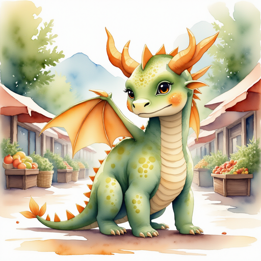 Ember Flare stands at the edge of the cobblestone street, gazing up at the winding mountain peaks. In the background, stalls full of fruits and woven baskets line the busy marketplace.