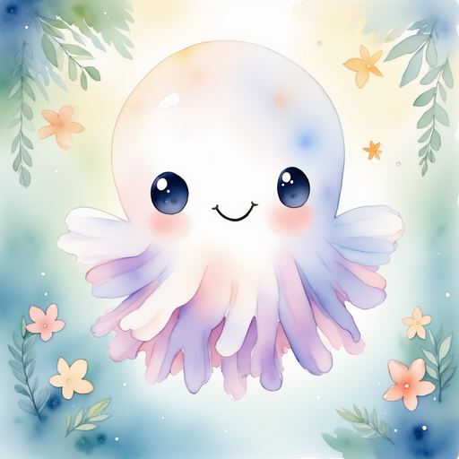 Glimmer Puff floats up close to a small, puffy cloud. In the background, sunlight tries to peek through lush leaves