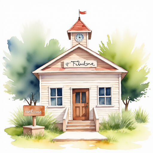 The schoolhouse with its simple wooden structure and a welcome sign in front. In the background, there are trees swaying gently in the breeze.