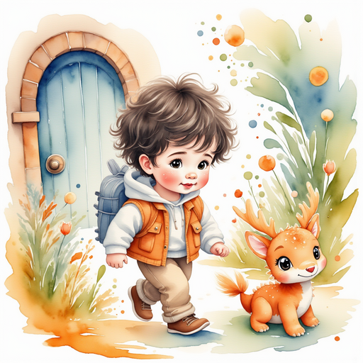 Elliot stepping through the tiny door, with colorful lights and vibrant bursts emerging around his feet. In the background, a fantastical landscape is filled with flowers and floating lights.
