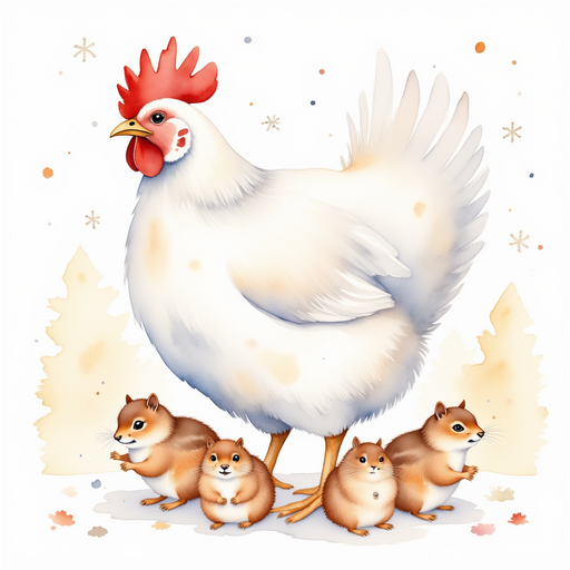 Cluckster stands among three chipmunks, all of them swaying to his melody In the background, drifting snowflakes catch the early rays of sun