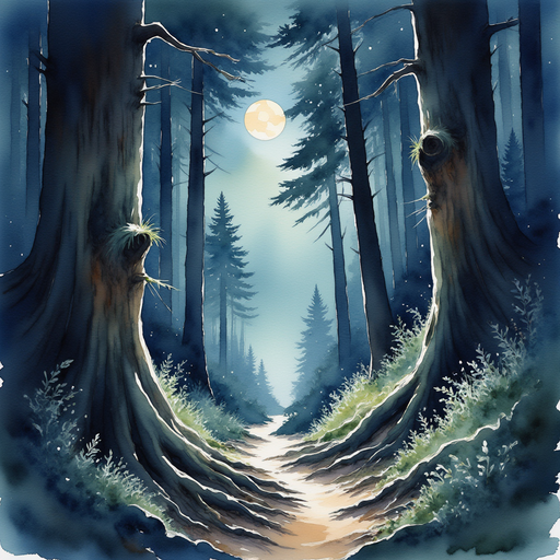 Gnarled roots curling across a narrow path, dimly lit by the moonlight. In the background, thick tree trunks loom, their branches veiling the upper sky