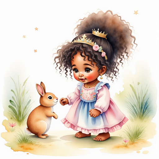 Princess Zoombella -who is black - kneels down, reaching out gently toward a startled rabbit. In the background, low bushes frame the forest floor.