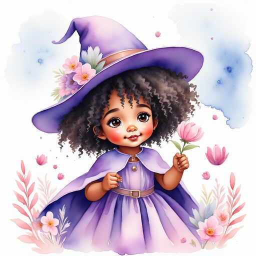 Willow Charms- who is black - is holding a cluster of blossoms, looking at swirling petals. In the background, the sky is light blue with puffy clouds
