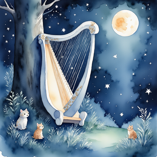 A finely-crafted, magical harp made of silver moonlight resting against a tree. In the background are luminous, dancing forest creatures under a starlit sky.