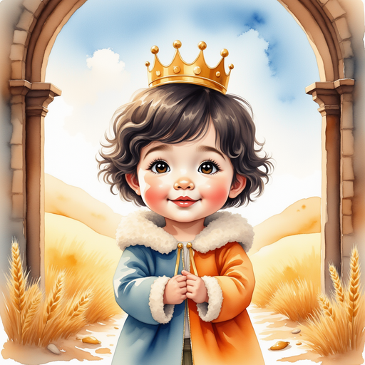 Show King Doodle Bum standing in front of tall castle doors, smiling eagerly. In the background rolling fields of golden wheat under a clear sky