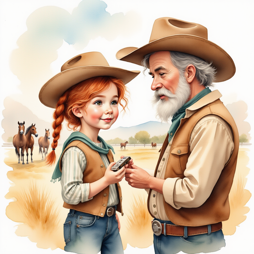 Calamity Kate excitedly showing the harmonica to the wise old cowboy In the background, the corral full of grazing horses