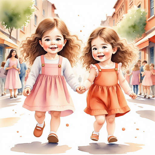 Cheerful girls named Venus and Paisley dancing joyfully in a colorful town square. In the background are vibrant buildings and lively townsfolk.