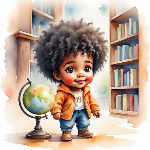 Zippy Zapata peers excitedly at the old globe. In the background, tall shelves filled with books.