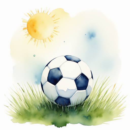 A round soccer ball with shiny stripes In the background, the grass sparkles under the sun
