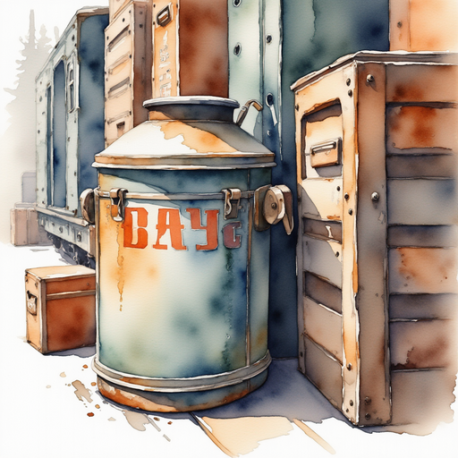 An old metal can with faded orange lettering sits beside a wooden crate. In the background, stacked luggage rests against the train’s walls.