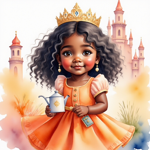 Show Queen Neena holding a small watering can with a big smile. In the background stands the tall, colorful castle.