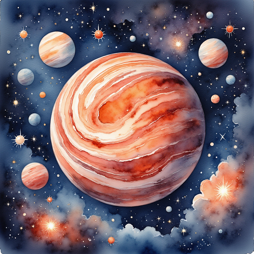 The Great Red Spot on Jupiter swirling like a giant cosmic storm, with a pulsing energy source within. In the background, Jupiter's bands of clouds swirl intricately.