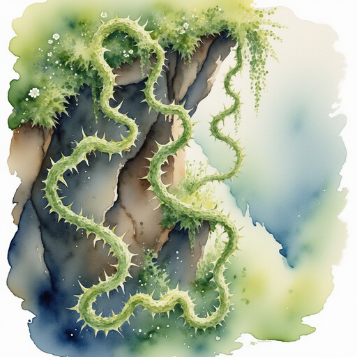 The twisting vines sprawl across the rocky ledge, showing off their shining, pointy thorns. In the background, patches of green moss cling to the stony cliff side.