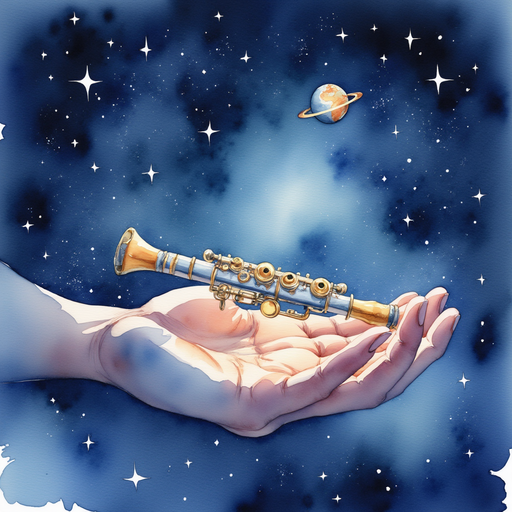 A tiny, glowing flute resting in the palm of a hand with a mystical aura. Stars glittering against a deep blue sky