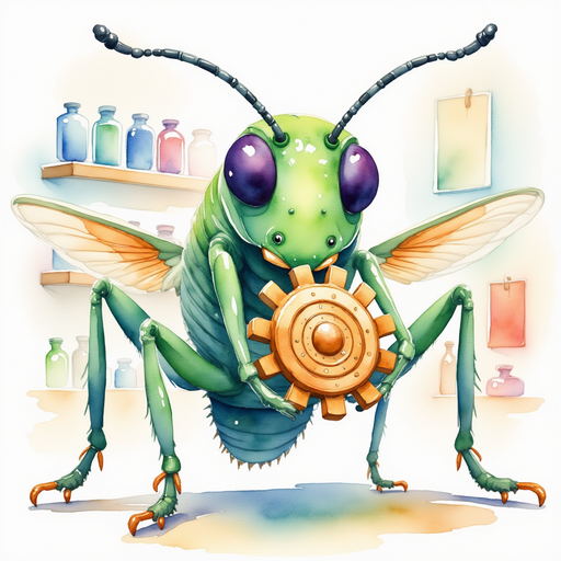 Buzzywhirl holding a shiny gear In the background, shelves filled with jars of bright glitter