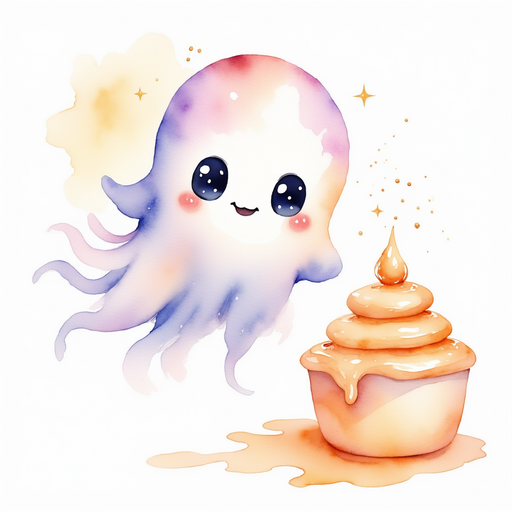 Glimmer Puff hovering calmly beside a caramel fountain. In the background, swirling caramel glints in the soft light