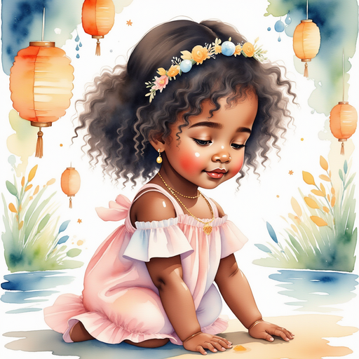 Princess Zoombella - who is black - kneels by the gentle water, eyes closed in deep breaths. In the background, a soft glow from paper lanterns lights the area.