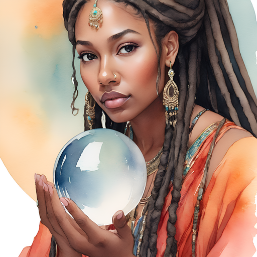 Ahgaddes close-up portrait long dark brown dreadlocks ponytail heavy makeup tribal royal majestic robe tribal jewelry gazing into a crystal ball