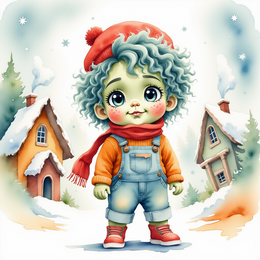 Zigzag Zander, wearing his fuzzy scarf, stands in front of a colorful house with candy-like trim. In the background, snow-covered chimneys release swirling puffs of smoke.