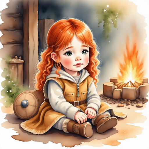 Bolda sits close to a crackling hearth, eyes filled with determination. In the background, shadows flicker on timber walls as the firelight dances.