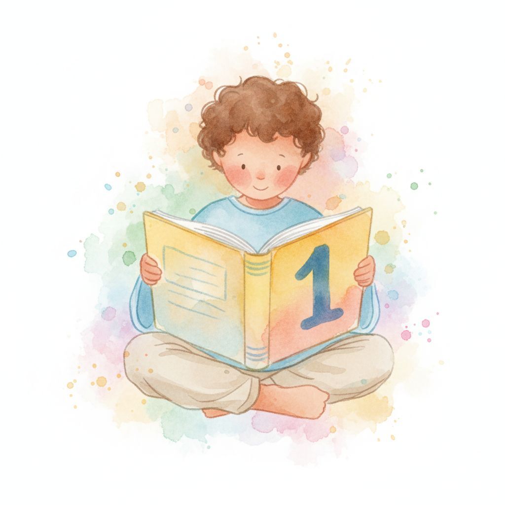 A mixed race 6 year-old child reading a book with a large number 1 on the cover