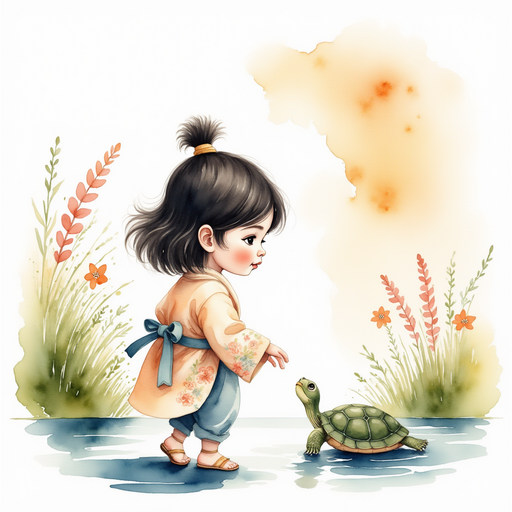 Sammy bowing politely to the turtle In the background, a calm pond reflects the sky