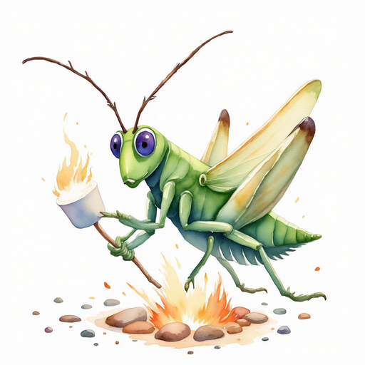 Buzzywhirl holds a marshmallow on a stick. In the background, a circle of stones rings the flames.