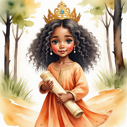 Queen Neena stands with a confident posture, holding a rolled-up map in one hand. In the background, tall trees and soft sunlight.