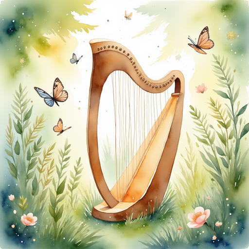 Illustrate the hidden meadow with butterflies dancing around a shimmering harp. In the background, rays of sunlight filter through tall grasses.