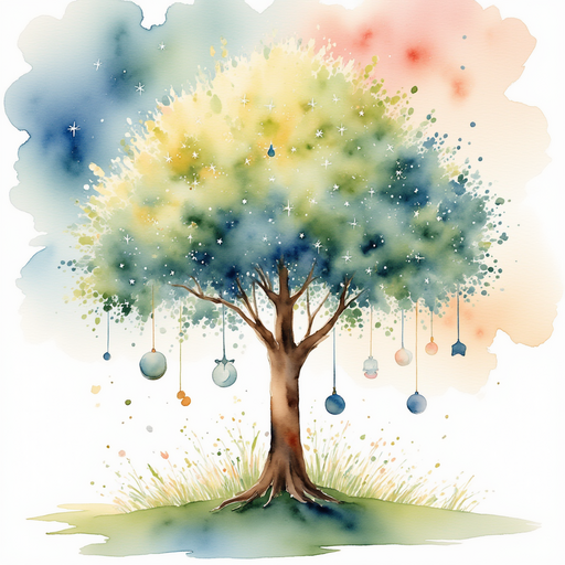 A tall tree covered in shiny musical instruments. In the background, swirling clouds glow with pastel colors.