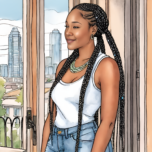Renese long tribal braids with beads with beads wearing sleevless shirt and denim jeans standing at front door of a home. Cityscape and skyscraper in nearby distance