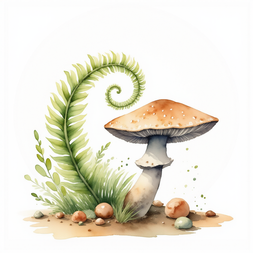 A fuzzy fern frond curling near a mushroom. In the background: scattered pebbles
