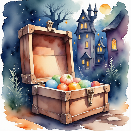 A mysterious wooden box with dancing colors on its lid. In the background, there are tall, crooked houses decorated with spooky lanterns.