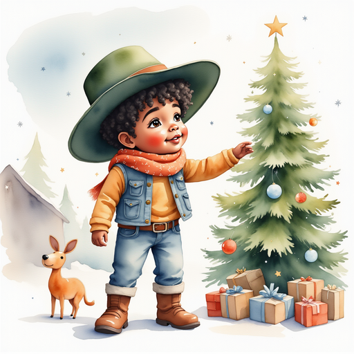 Cactus Cody - who is black - is leaning close to the town’s Christmas tree, studying the empty treetop. In the background gentle snowflakes tumble from the gray sky