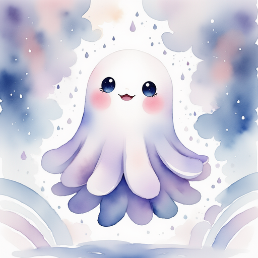 Glimmer Puff looks up at the large raindrops falling from gray clouds. In the background are distant rainbow arcs