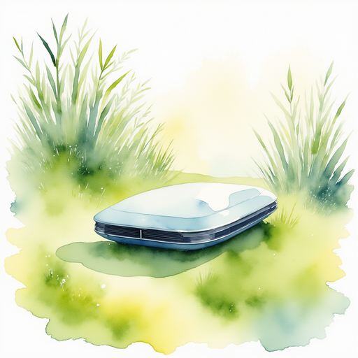 Show the special gadget lying on soft grass, shining with a soft light. In the background is a gentle breeze rustling tall leaves.