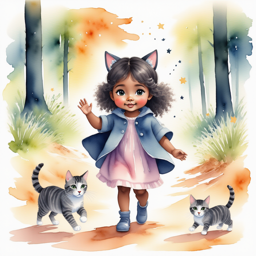 Show Luna Lighthug - who is black - iswaving to a few excited forest creatures. In the background, glimmering flowers line a winding path