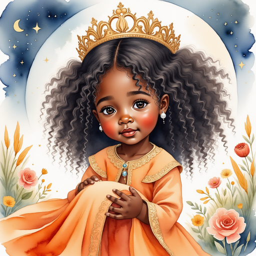 Queen Neena holding her blanket close and looking cautiously around. In the background, gentle moonlight and flower shadows.
