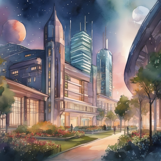 Large, advanced hospital in the bustling cityscape of Stellaris.