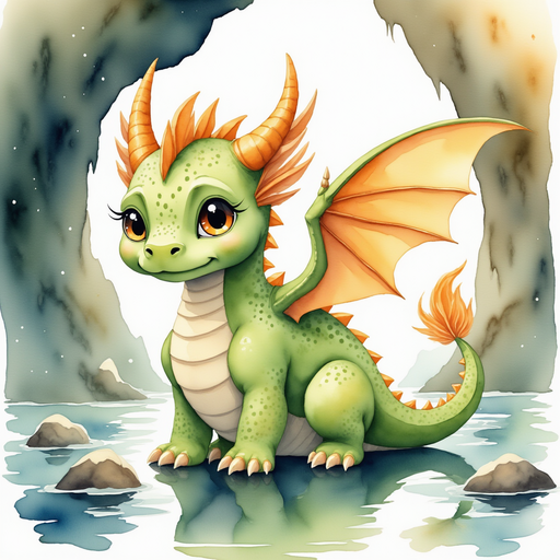 Ember Flare’s reflection flickers in the crystals, her eyes shining with both worry and determination. In the background uneven cave walls tower with glittering stones