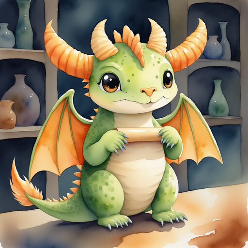 Ember Flare holding a rolled scroll gently in its claws In the background, dimly lit shelves curve away into darkness