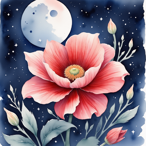 A brilliant crimson flower glows softly beneath the moonlit sky. In the background, silver moonbeams stream through the branches.