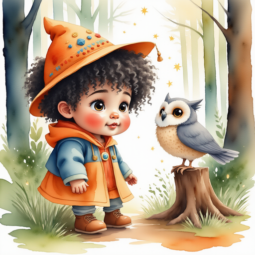 Show Zippy Zapata talking to the owl with an uncertain expression on his face. In the background, gentle sparkles float around the large tree trunks.