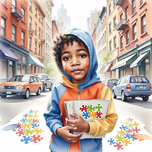 AriYah pauses on a busy sidewalk, holding a sketchbook tightly against his chest. In the background, high-rise buildings loom amidst speeding cars.